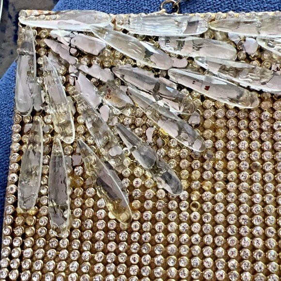 Gold Metal Mesh Evening Clutch Purse Rhinestone Crystal Teardrop Accents Vintage - Picture 7 of 7